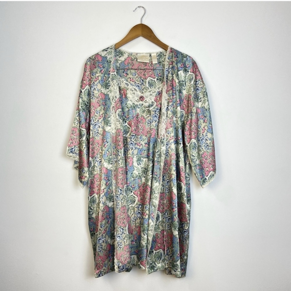 Vintage Silk and Satin 2 Piece Floral Robe + Slip Set